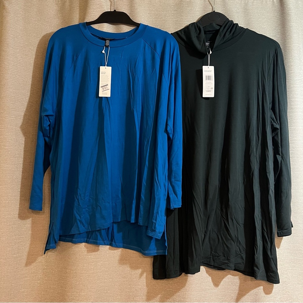 Eileen Fisher Bundle 2X Plus Size Tencel  Basic Long Sleeve Tops - Blue & Green